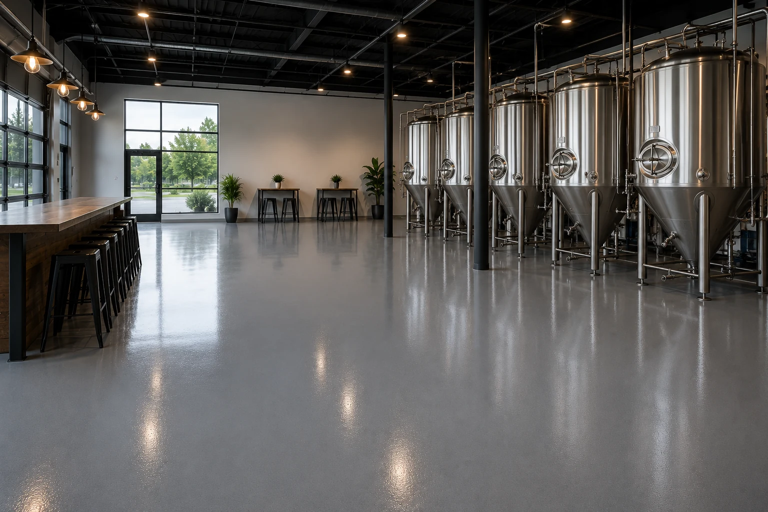 Commercial epoxy flooring installed in a modern brewery and taproom in Chilliwack, BC