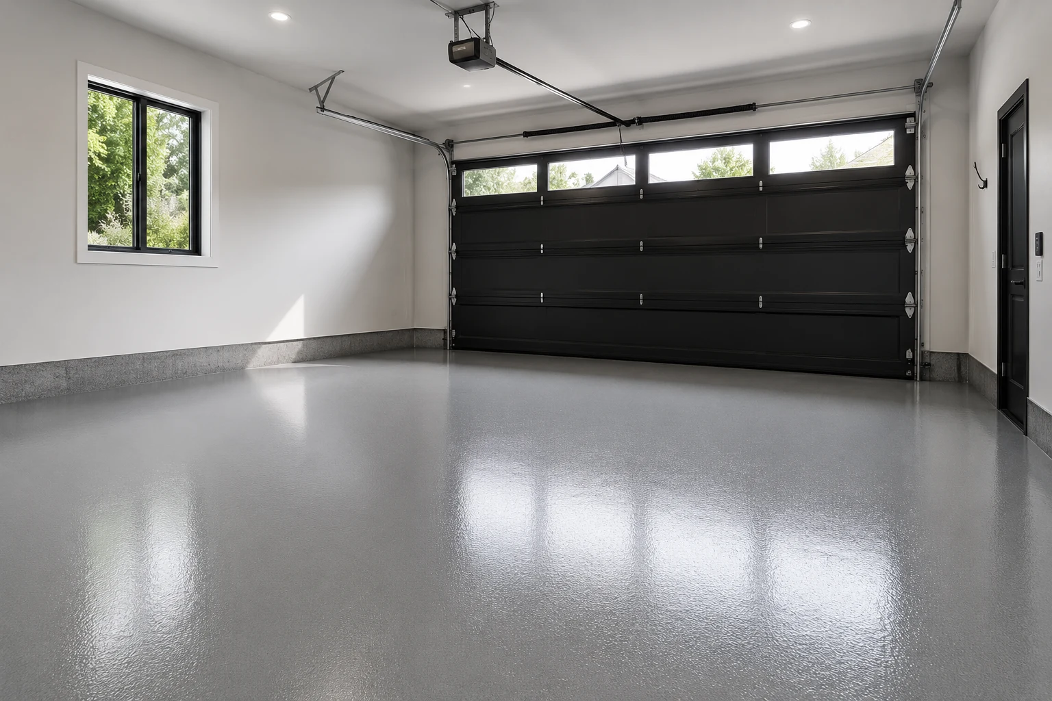 Solid grey polyaspartic floor coating in a bright modern residential garage in Chilliwack, BC