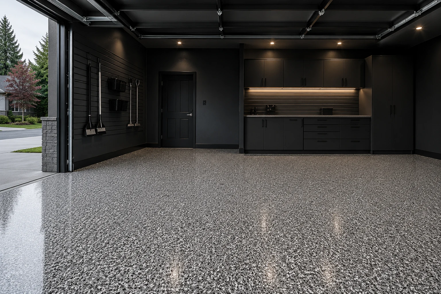 Finished decorative flake garage floor coating in a Chilliwack residential garage, with a black and grey flake broadcast running wall to wall